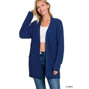 NEW 42POPS popcorn sweater cardigan with pockets in light navy